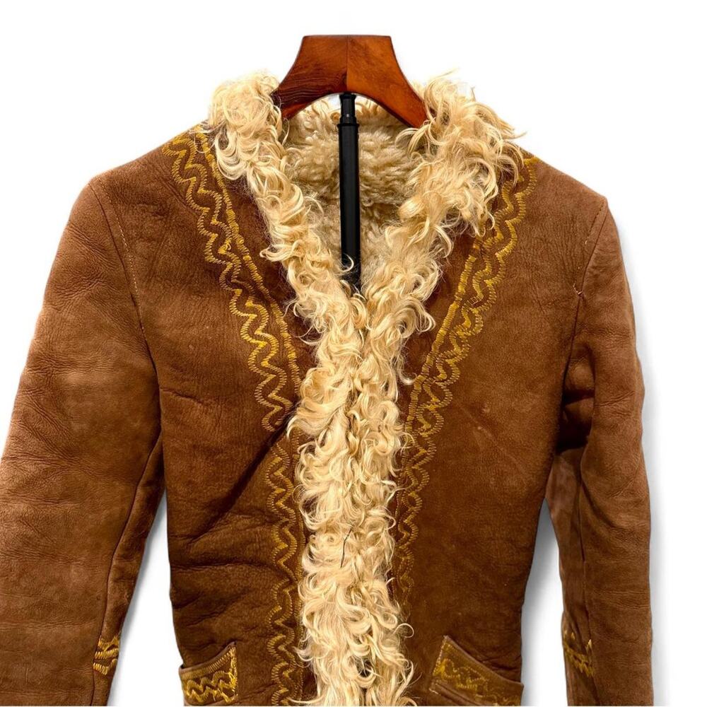 Vintage 70s Boho Embroidered Sheepskin & Shearling Afghan Penny Lane Coat XS/S - Picture 5 of 8